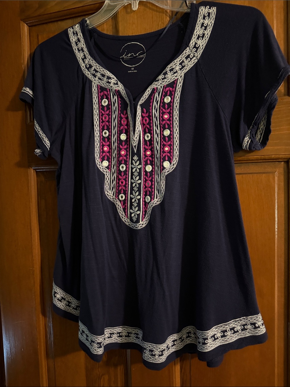 INC International Concepts Navy Tunic with Pink and Silver Embroidery